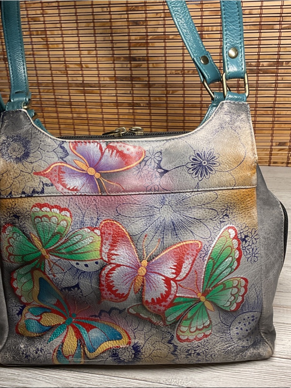 Anuschka Teal Strap Hand-Painted Metallic Butterfly Shoulder Bag - Picture 5 of 13